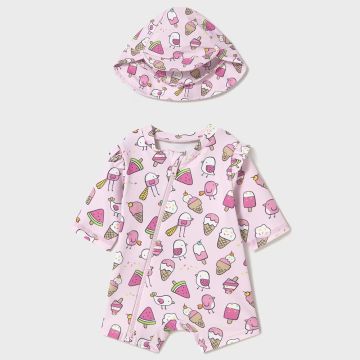 COMPLETO MARE CON CAPPELLO PROTEZIONE SOLARE PETALO 1619 NEONATA MAYORAL